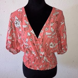 NWT CUPCAKES AND CASHMERE Floral Peplum Sleeve Blouse Top Sz L